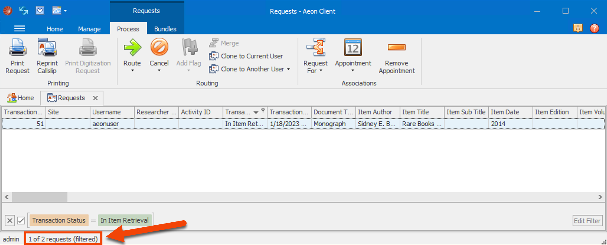 Filtered search results displayed in the status bar